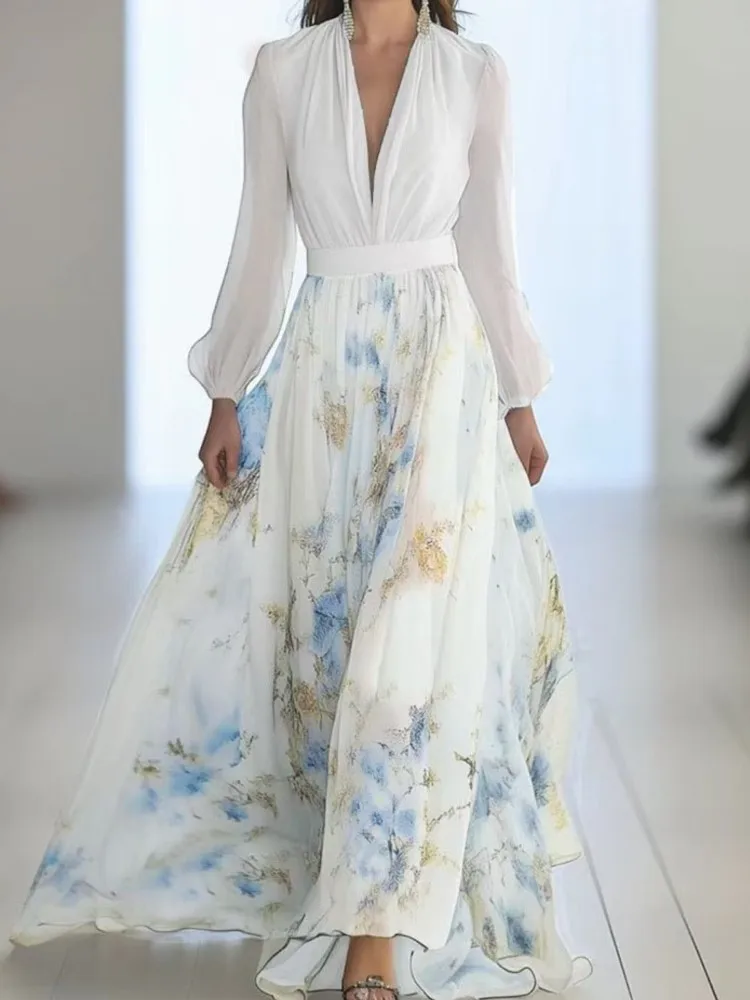 Mulheres elegante vestido de impressão moda manga longa decote em v profundo cintura alta vestidos soltos robe femme festa de férias roupas femininas novo