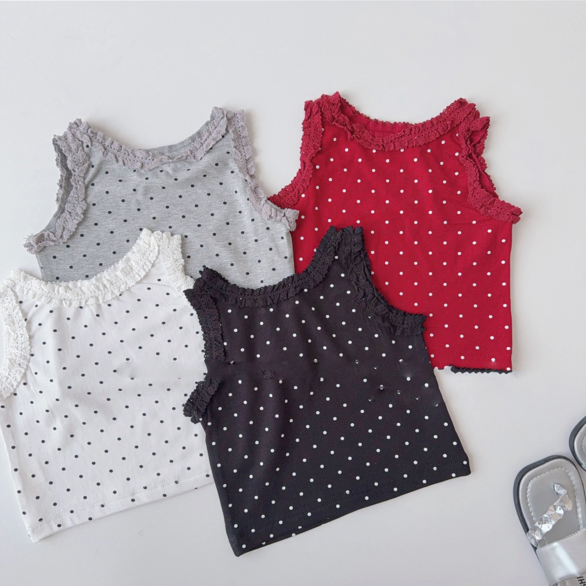 2025 Summer New Children Sleeveless T Shirts Fashion Girls Polka Dot Sling Vest Cotton Baby Girl Lace Tops Kids Clothes