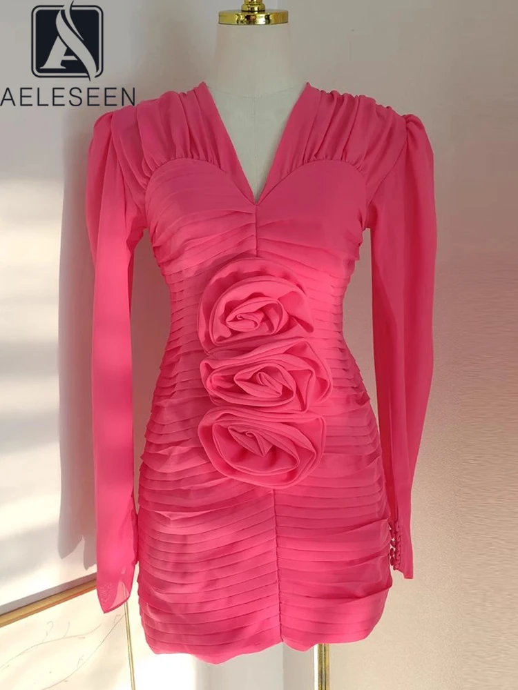 

AELESEEN Fashion Runway Mini Dress Women Sheath Long Sleeve V-Neck Rose Red 3D Flower Appliquaes Pleated Elegant Party