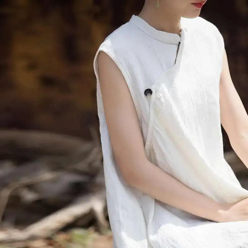 UMI MAO – Robe d'été fine, élégante, en lin et coton, faite à la main, teint par nouage, Style chinois, originale, sans manches, robes longues pour femmes