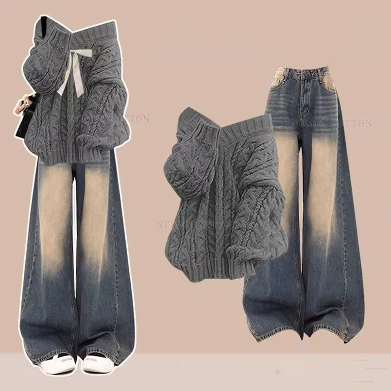 

Весенне-осенний комплект от кутюр, женский вязаный свитер с v-образным вырезом в стиле ретро, утягивающие и винтажные джинсы, комплект из двух предметов