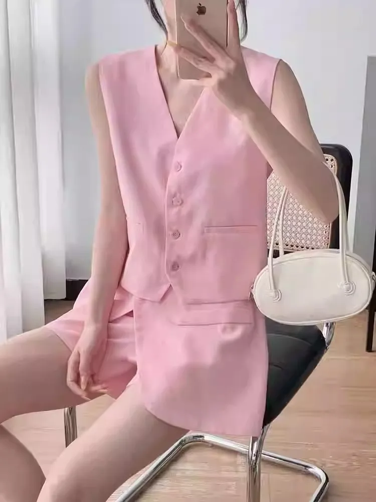 Summer New Women Single Breasted V-Neck Pink Vest Coat or Shorts Skirt