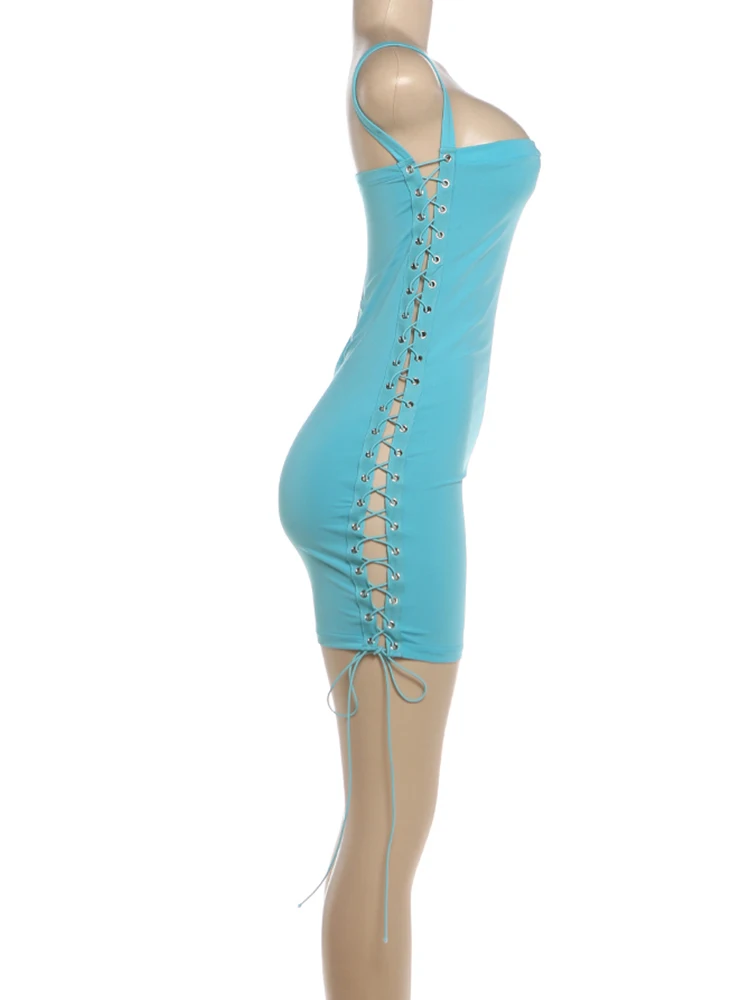Sisterlinda Quadratischer Ausschnitt Kreuzbandage-Kleid Damen Quasten Ärmellos Sexy Midnight Hottie Einfach Klassisch Sommer Mini Bodycon – Detail 5
