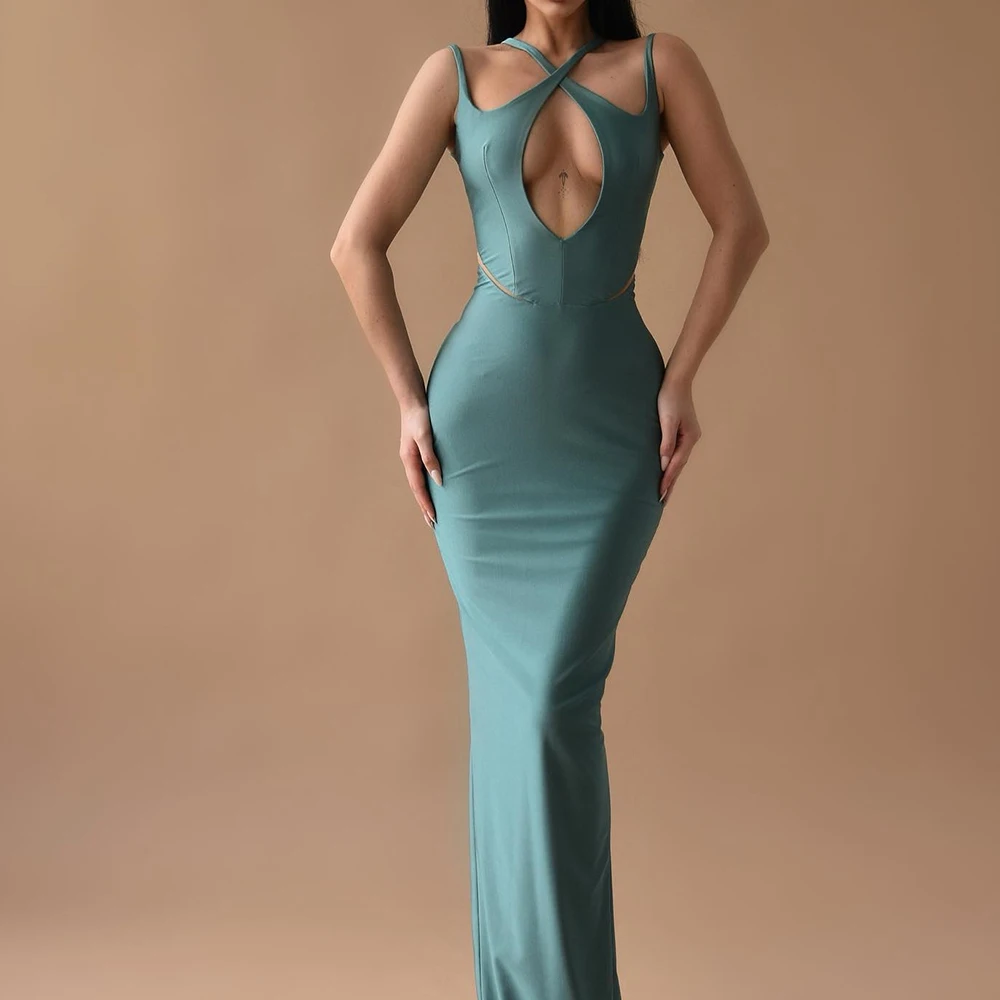 

Customized Fashion Straight Floor Length Halter Spaghetti Straps Jersey Sleeveless Evening Dress Elegant vestidos para mujer