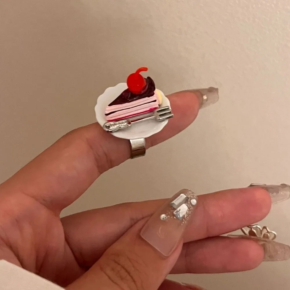 Cute Mini Cake Adjustable Ring 3D Simulation Cherry Chocolate Dessert Plate Ring Sweet Afternoon Tea Women Finger Jewelry Women