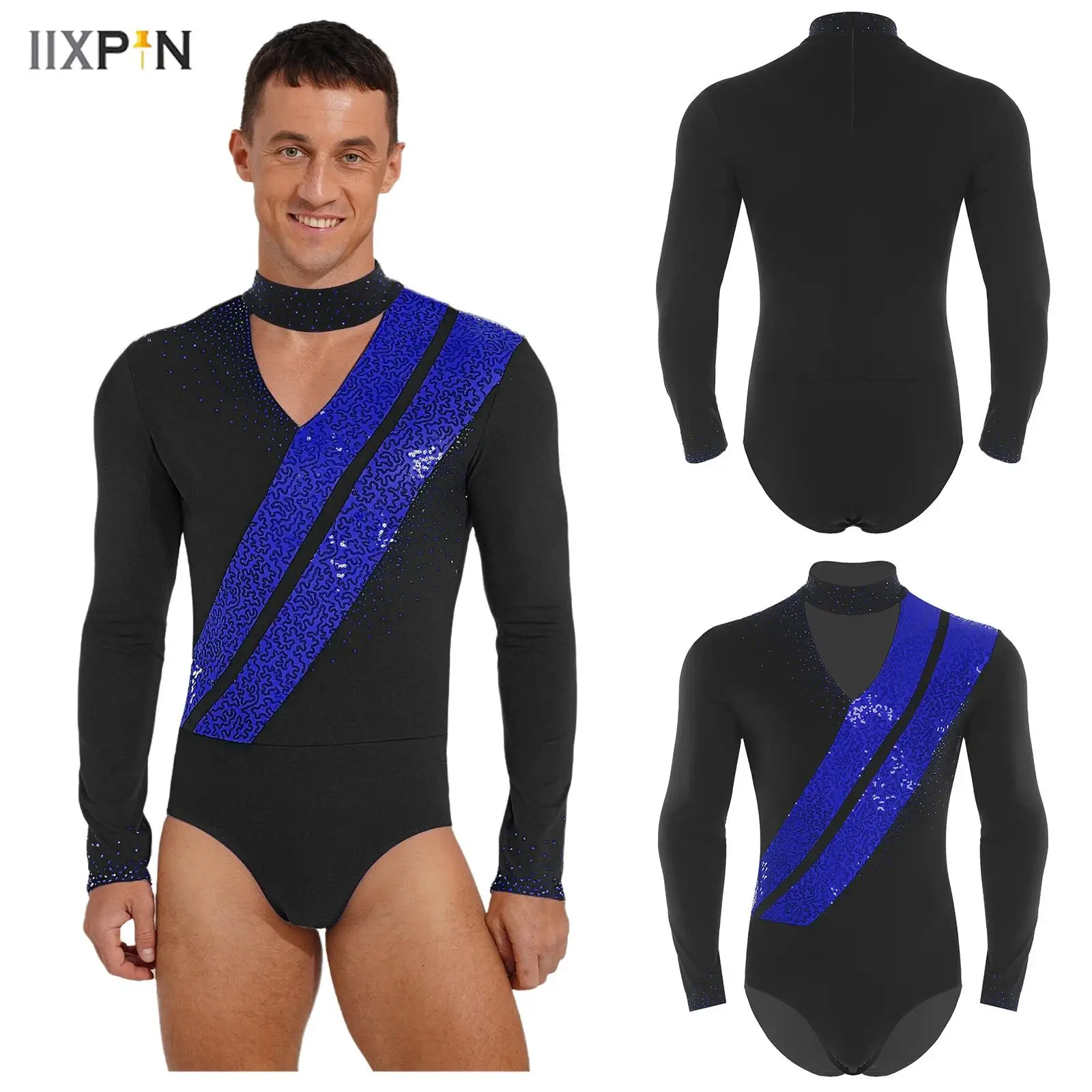 

Mens Figure Skating Bodysuit Hollow V Neck Long Sleeve Glittery Sequins Crotchless Leotard Jumpsuit for Gymnastics Ballet Dance