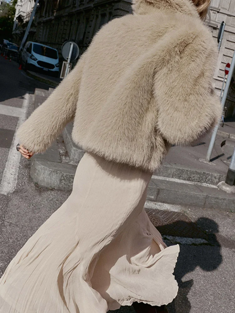 Write Tweed Thickened Lapel Outwear Faux Fur Long Sleeve Solid Color Zipper Coat Lady Elegant Winter Warm Casual Cozy Top