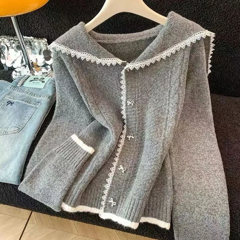 Women Sailor Collar Cardigan Lace Trim Bow Button Knit Sweater Purple Contrast Hem Preppy Coquette Long Sleeve Top