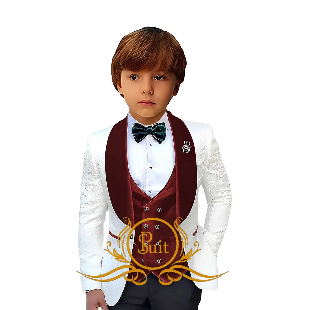 Velvet Collar Boys Jacquard Suit 3 Pieces Set Wedding Kids Tuxedo Formal Dresswear for Boy