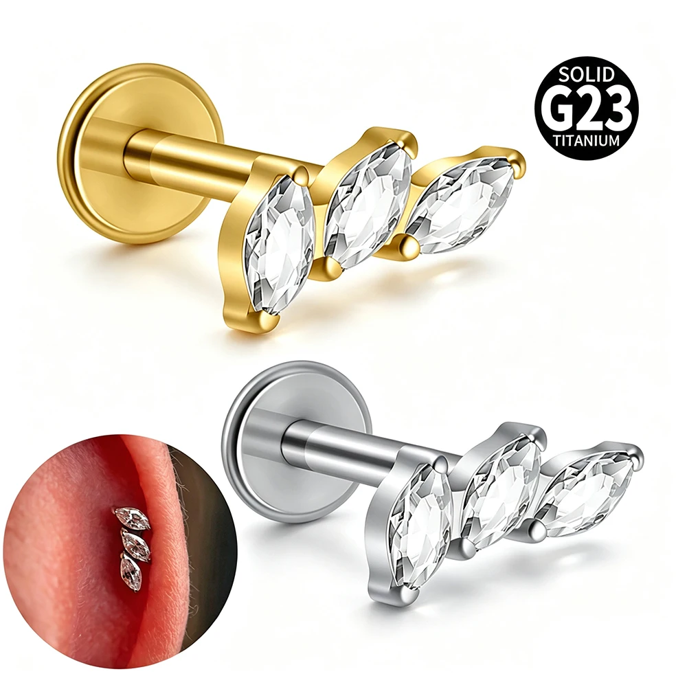 1PC  Marquise CZ G23 Pure Titanium Lip Studs Internal Thread Snake Ear Helix Tragus Cartilage Earrings Body Piercing Jewelry 16G