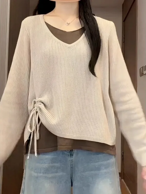 

Женский трикотажный топ больших размеров с V-образным вырезом, свободного кроя, в корейском стиле, с длинными рукавами, стандартной посадки, с цветными блоками