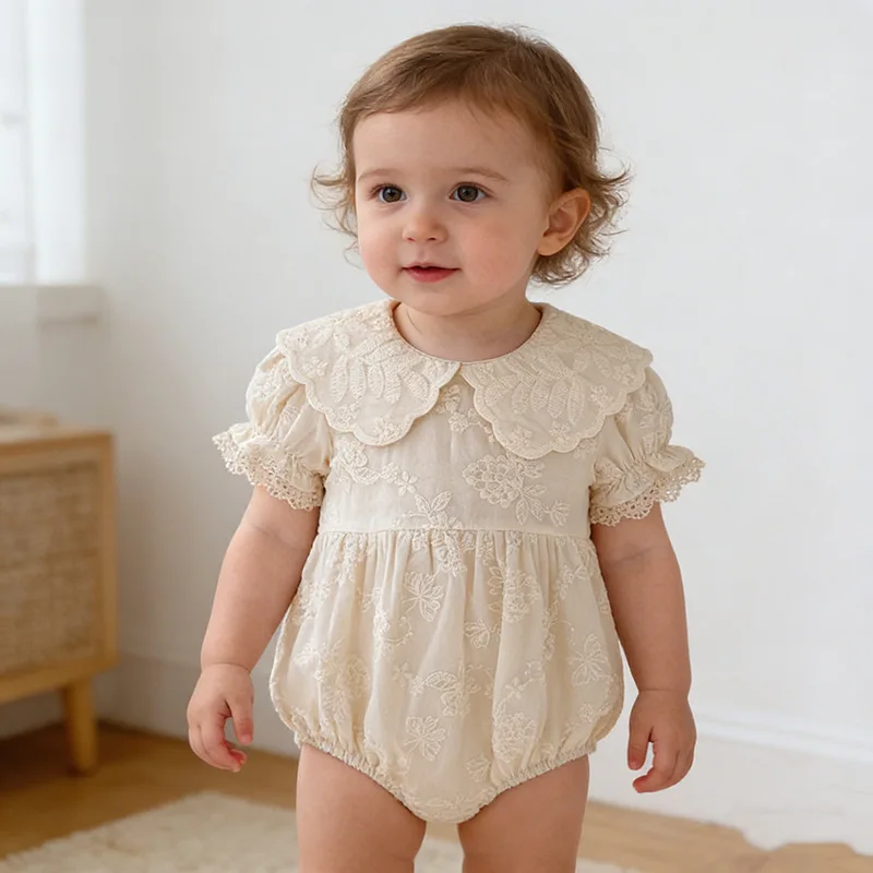 

Korean Style Baby Short Sleeve Onesie Girl Crawling Suit Elegant Doll Collar Embroidered Summer Thin Outdoor Clothes Jumpsuits