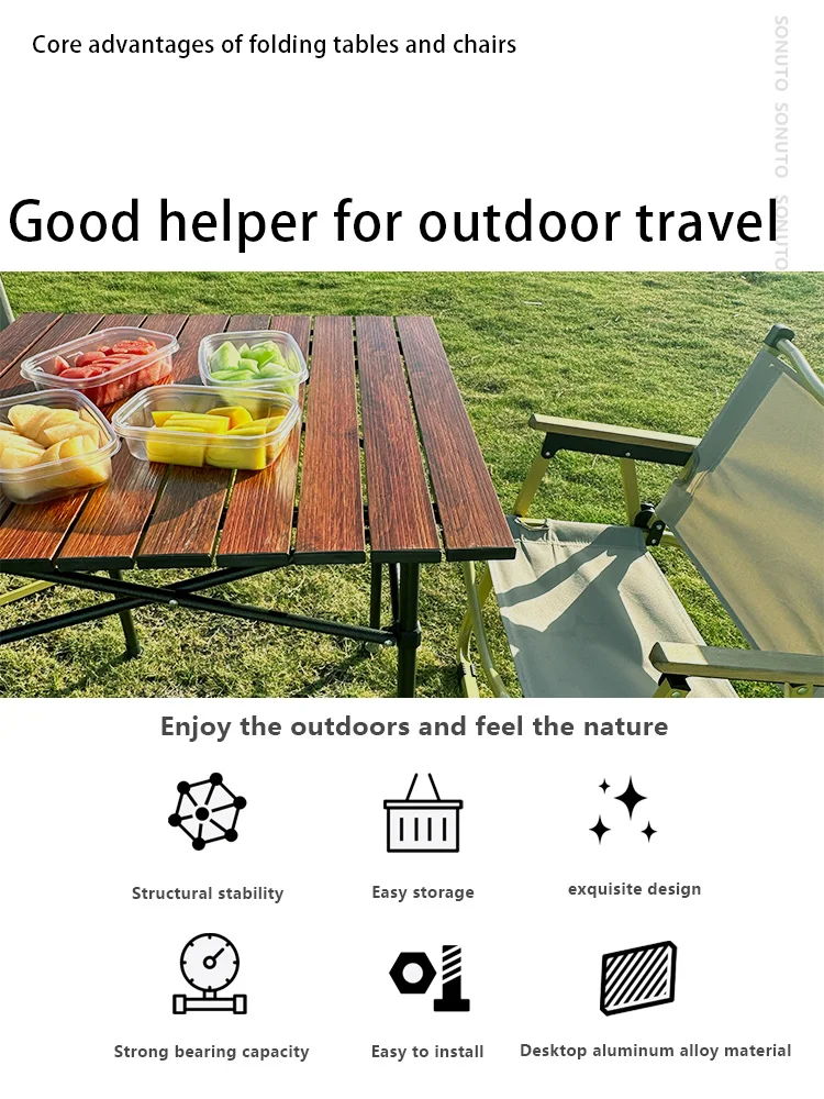 Sonuto-Outdoor Portable BBQ Egg Roll Table, Self-driving Tour, Camping Picnic, Aluminum Alloy Desktop, Wood Grain Paint