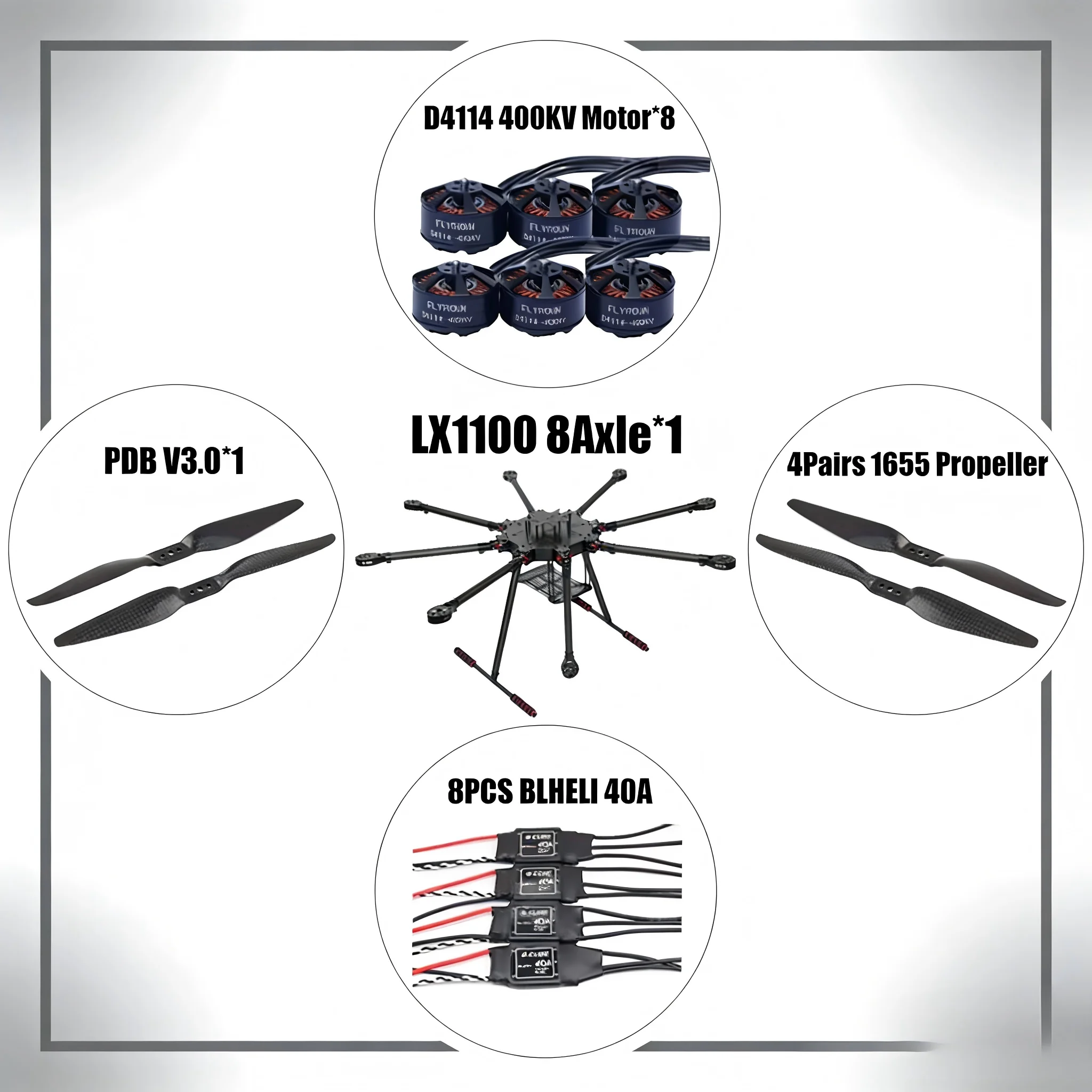 

LX1100 Full Carbon Fiber 1100Mm Octa-Rotor Frame Blheli 40A Esc D4114 Motor Px4 Pixhawk 2.4.8 M8N Flight Comtrol Set Ardupilot