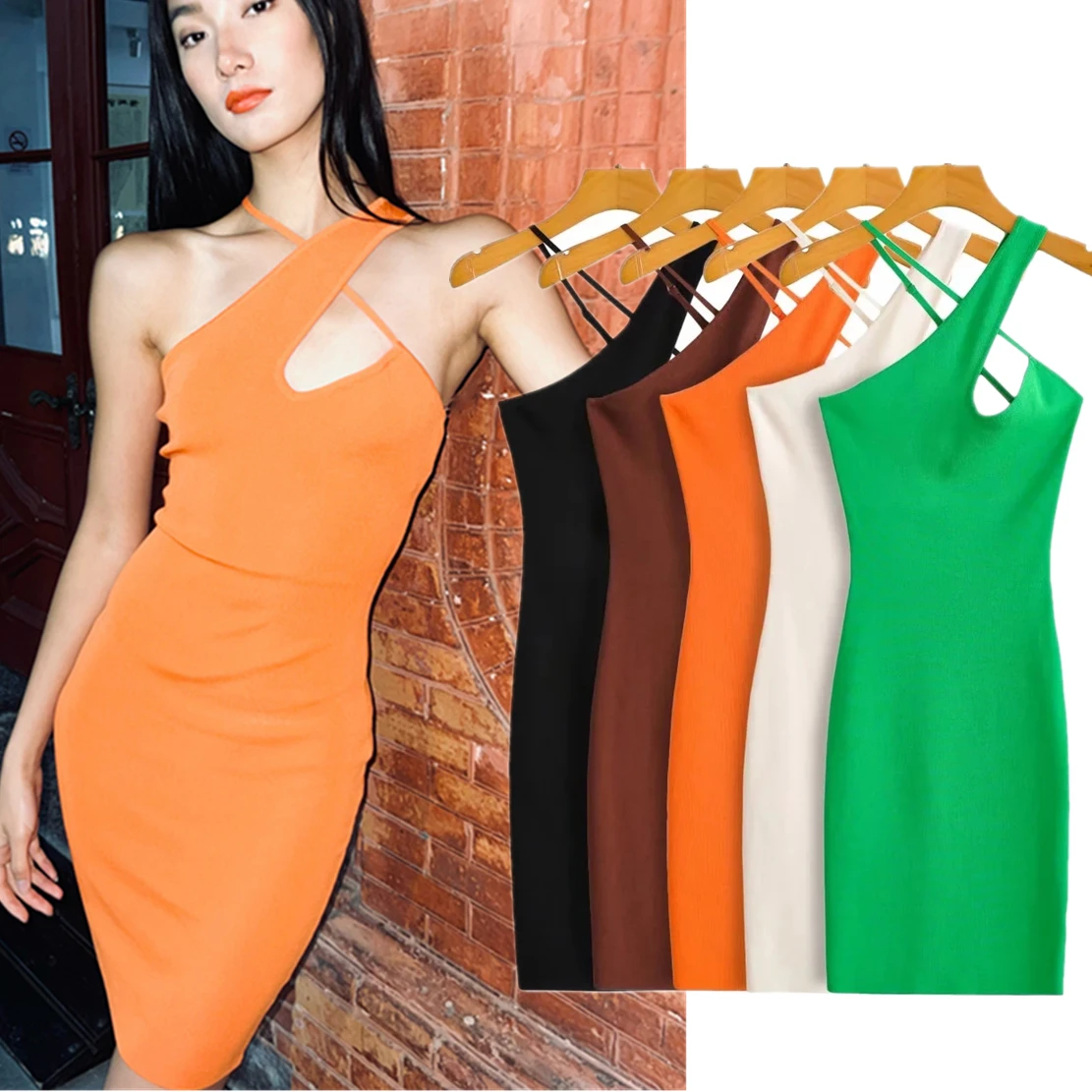 

Withered 2024 Ins Fashion Blogger Vintage Asymmetry Backless Suspender Dress Sheath Knitted Party Mini Dress Women ops