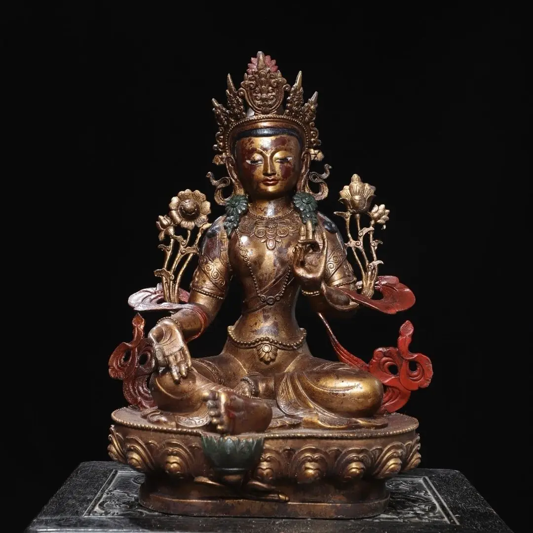 Buddha statue, copper mud gold, green Tara 45 cm high, 32 cm wide and 16 cm thick, weighing 7.3 kg