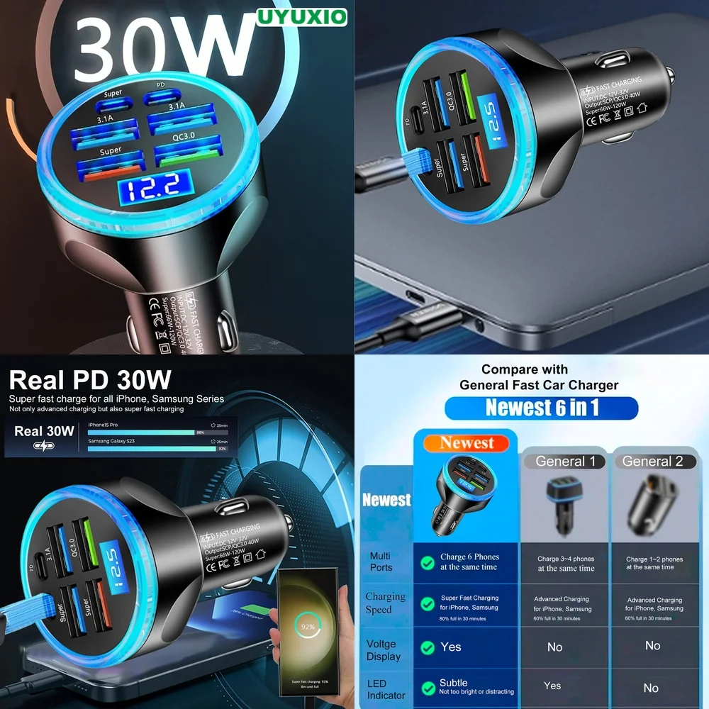 Superschnelles 6-Port PD 30W Kfz-Ladegerät mit LED-Digitalanzeige für iPhone 17 16 15 14 Pro Max Plus