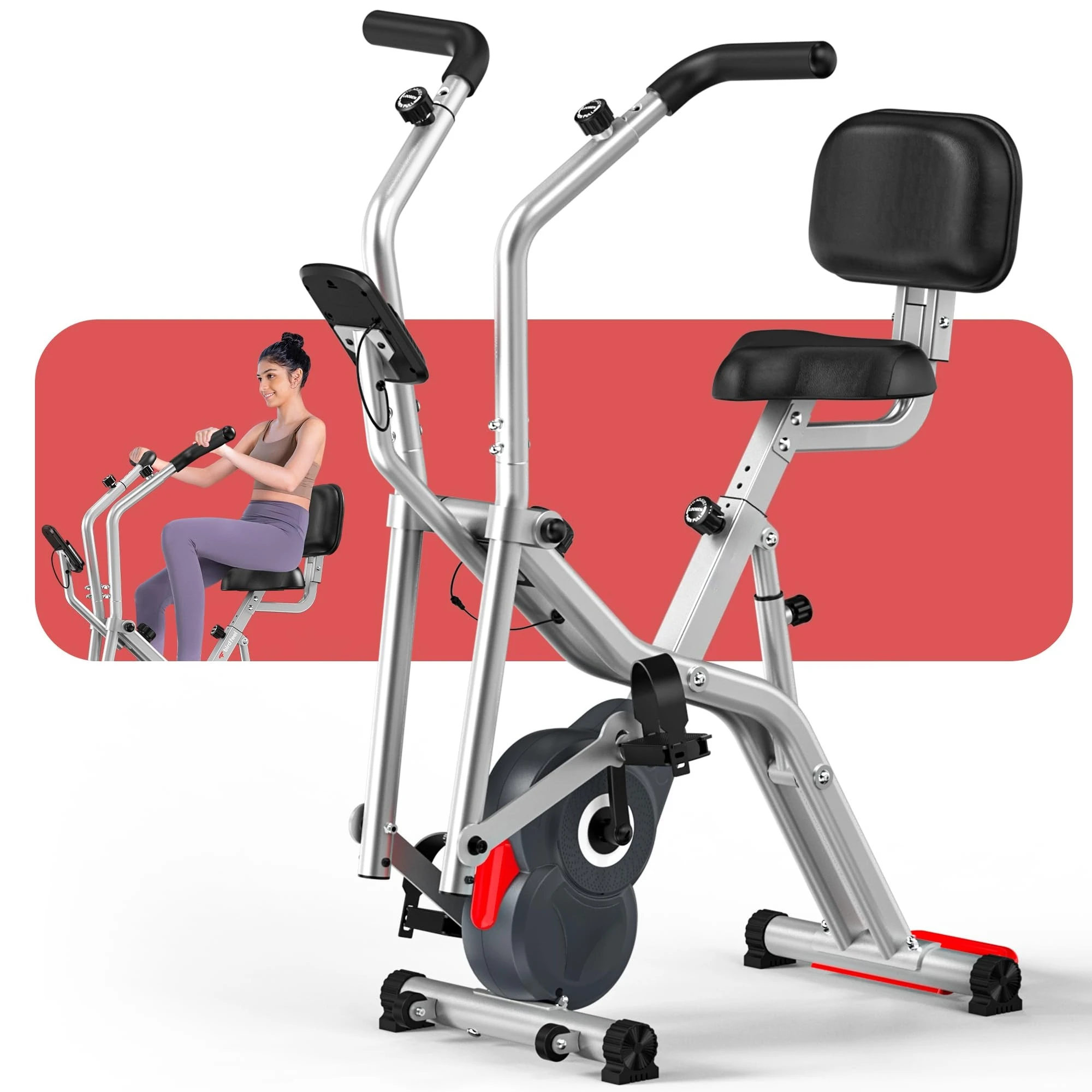 Foldable Elliptical Exercise Bike, 8-Level Magnetic Stationary Bike Home