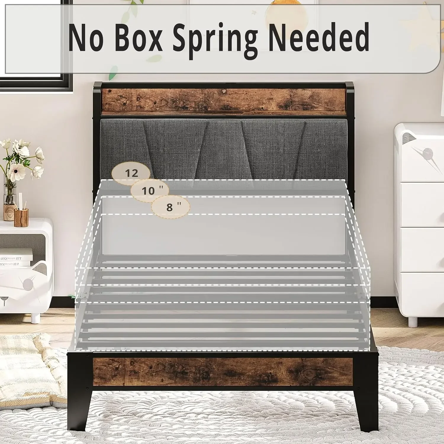 Twin Bed Frames, Storage Headboard with Charging Station, Solid and Stable, Noise Free