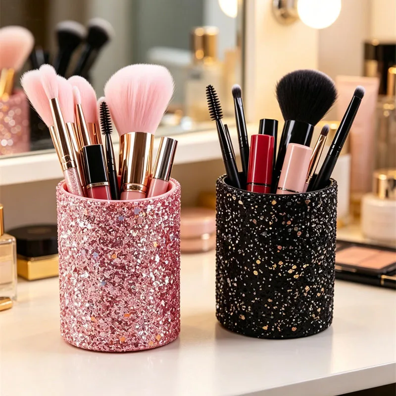 Glitter Makeup Brush Holder Sparkling Rhinestone Cosmetic Storage Bucket Desktop Organizer for Makeup Brushes Lipsticks Eyeliner