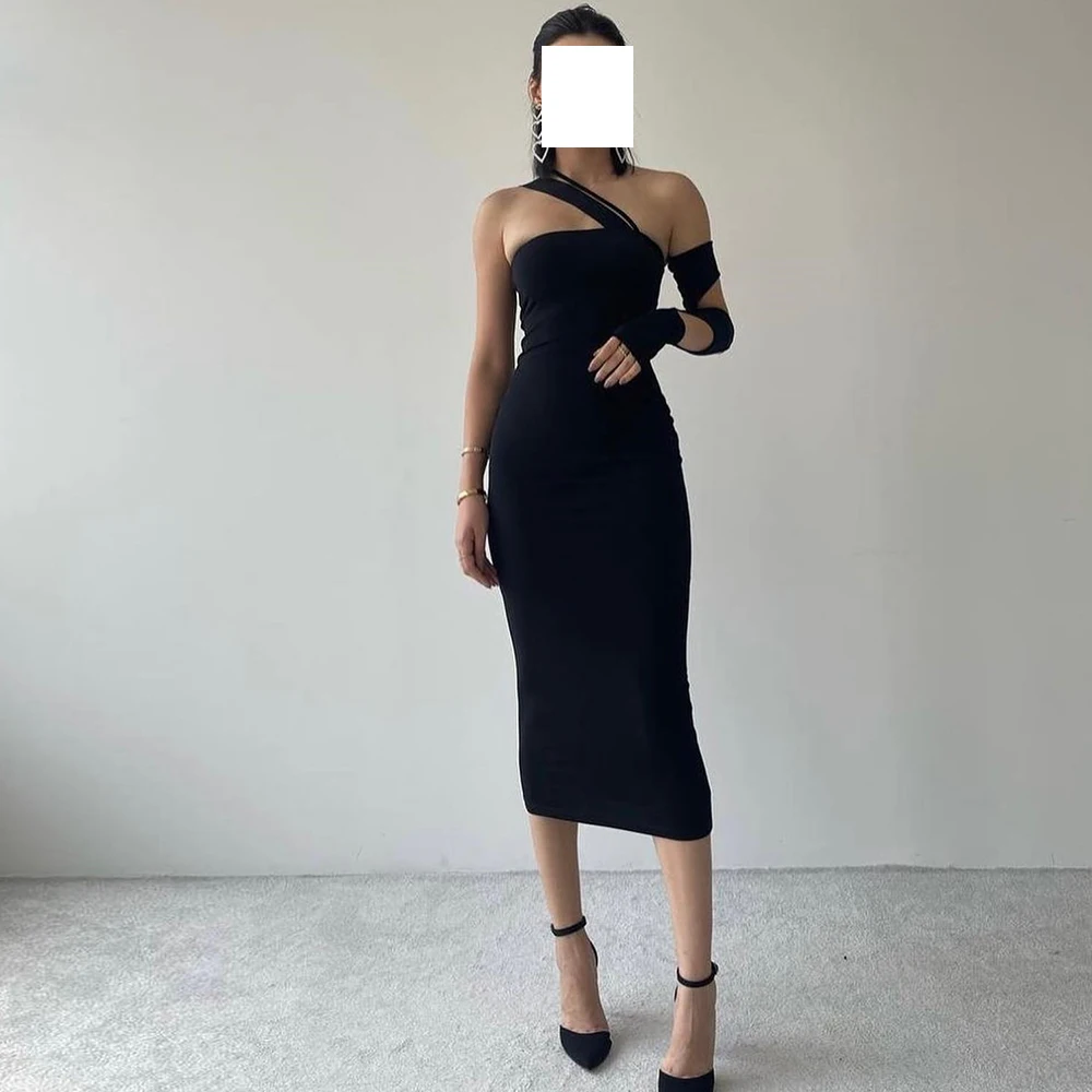 

Sexy One Shoulder Tea Length Sleeveless Black Strapless Straight Jersey Special Occasion Gowns Vestido De Noche Saudi Arabia