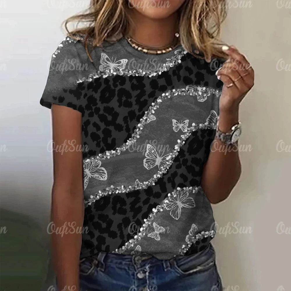 

Women's T-Shirt Gradient Leopard Print Butterfly Short Sleeves T shirt Fashion Loose Tops Female Clothing Casual Street Tees