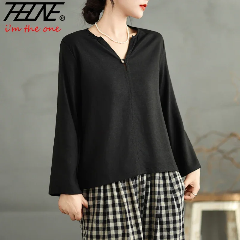 

THHONE Women Tops Blouse Ladies Shirt Vintage V Neck Elegant Blusa Mujer Femme Clothing Casual Solid Camisas Women's Shirts