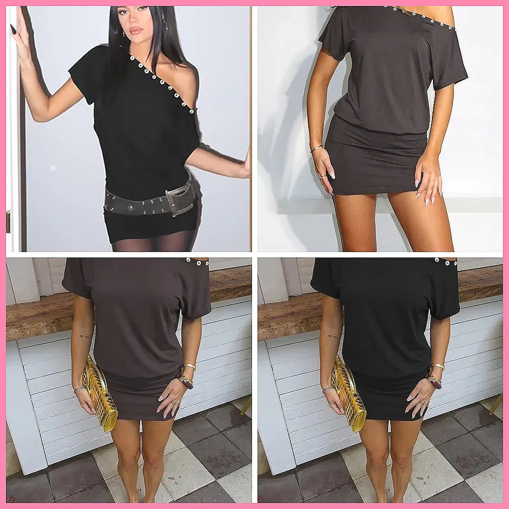 

Women's Sexy Black Bodycon Mini Dress One Shoulder with Pearl Buttons, Casual Party Club Wear