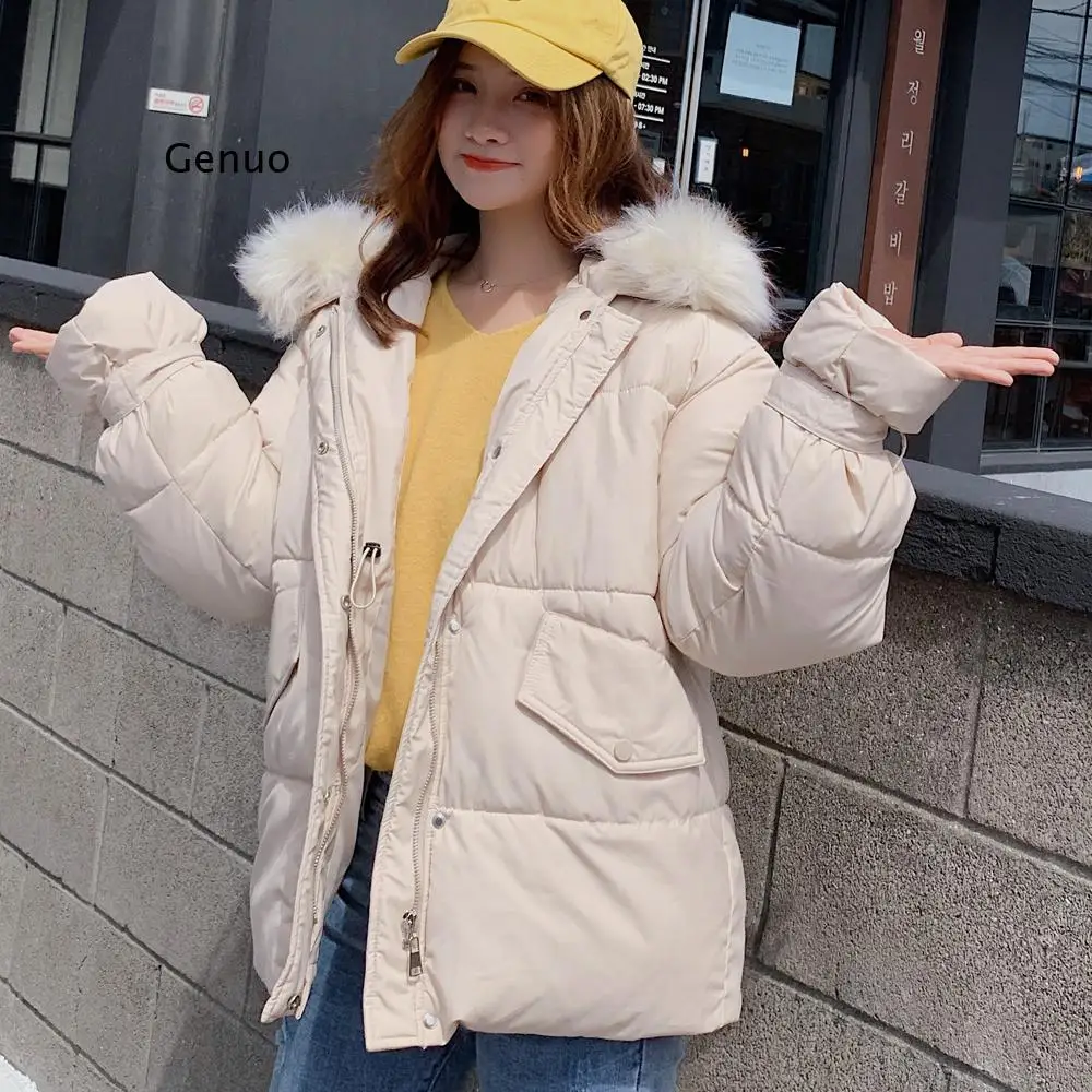 Winter new Korean students thick pink loose cotton women white padded Warm casual hooded jacket