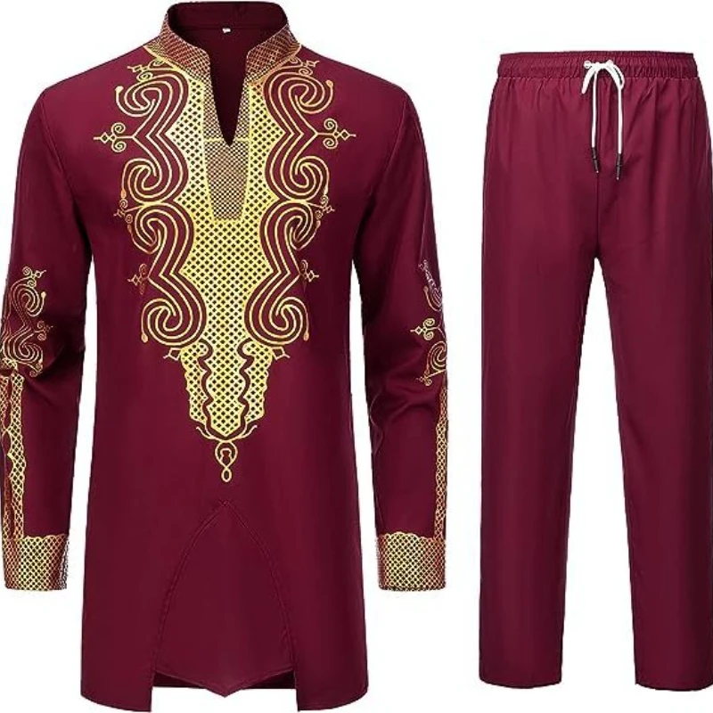 Men\'s African Men\'s Suit Bronzing Top and Trousers 2-Piece Set islamic clothing men  muslim men clothing  caftano  arabic