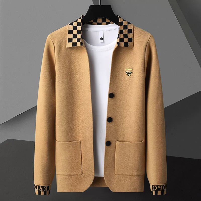 Cárdigan clásico a cuadros para hombre, Chaqueta de punto con cuello vuelto, marca de moda, ropa de diseñador, novedad de otoño e invierno, 2023