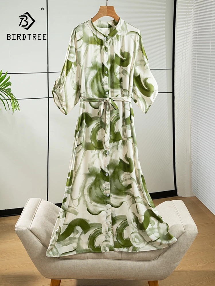 

BirdTree, 92%Natural Silk Elegant Dress, Women Half Sleeve Stand Printed, Vintage Commute Dresses, 2024 Summer Autumn D47301QC