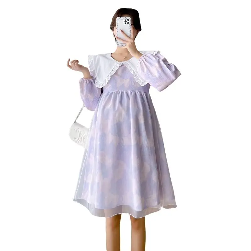 Autumn Plus Size Women\'s Floral Dress Sweet Peter Pan Collar Long Lantern Sleeve Maternity Purple Dress Pregnancy A-line Dresses