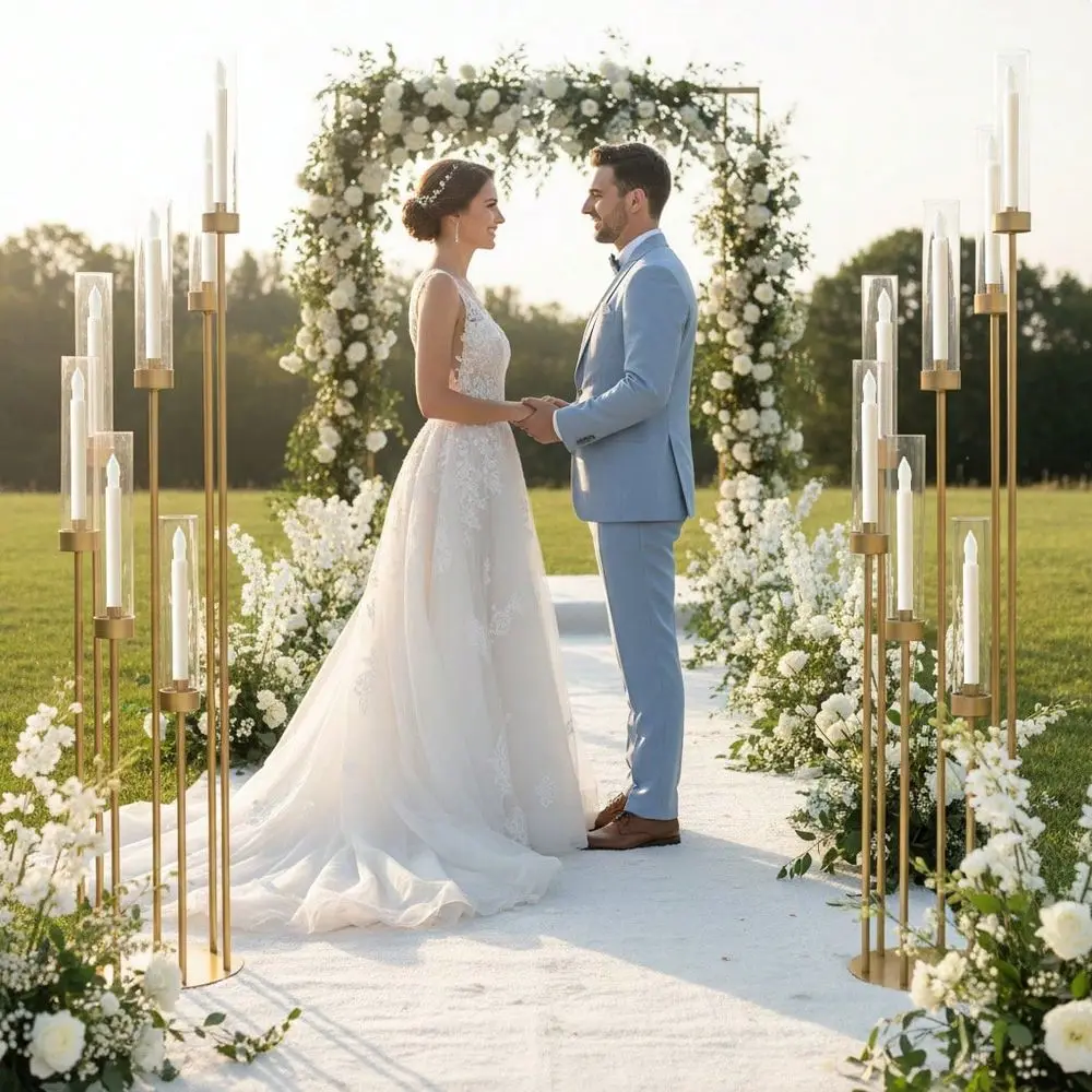 2Pcs 7Arm Tall Floor Candelabra Centerpiece, 48 Inch Metal Candlestick Holder With Acrylic Lampshade, Suitable For Wedding, Bri