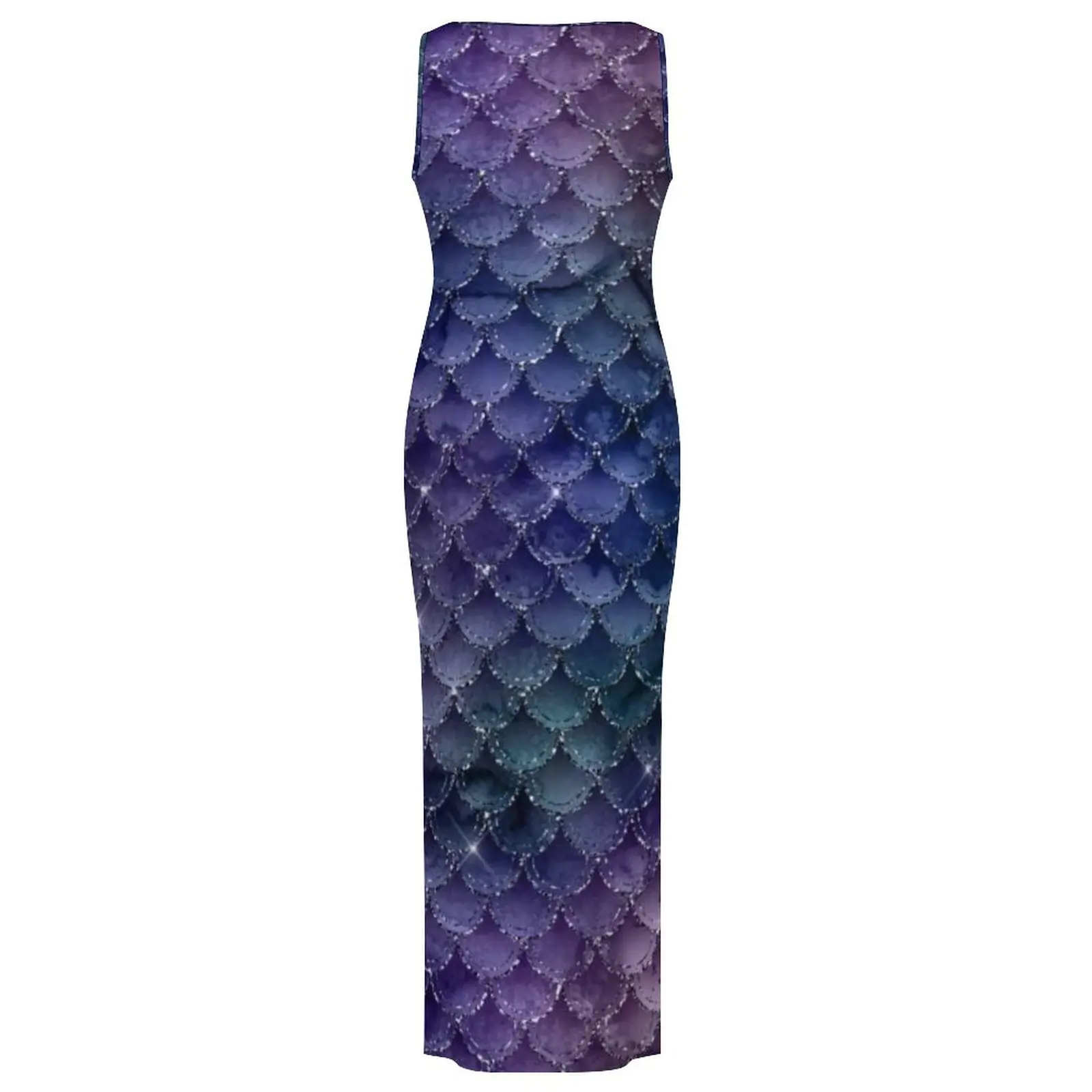 Damska obcisła sukienka modna brokatowa łuska syreny sukienki Maxi letnia fioletowa indygo drukuj bez rękawów Streetwear graficzna sukienka