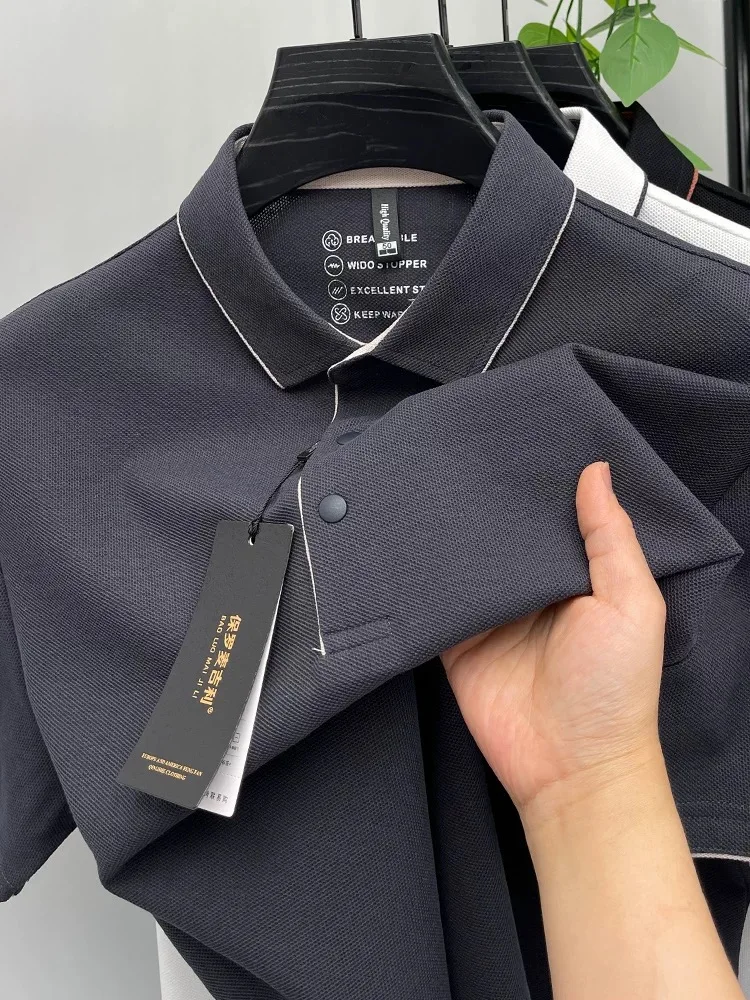 جودة عالية 100٪ قطن بلون قصير الأكمام قميص بولو زر فريد الرجال الصيف تنفس الراحة الملمس التلبيب تي شيرت