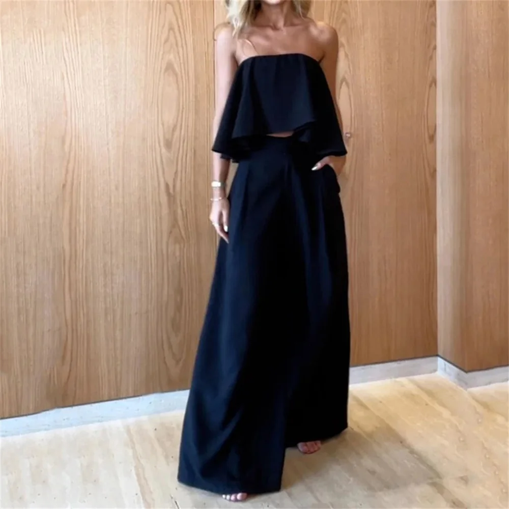 

Fashion Black Tube Top Sets for Women Summer Off Shoulder Sleeveless Irregular Sleeveless Top Wide Legs with Pockets Pants Suit