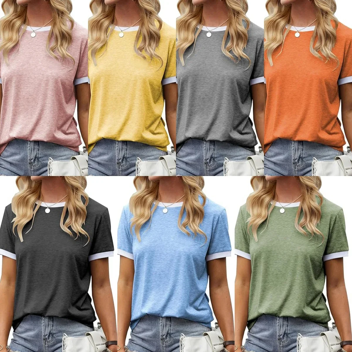 Camiseta de manga corta de color sólido en blanco, venta al por mayor, diseño de cuello redondo personalizable para tiendas independientes de Amazon, europeas y americanas