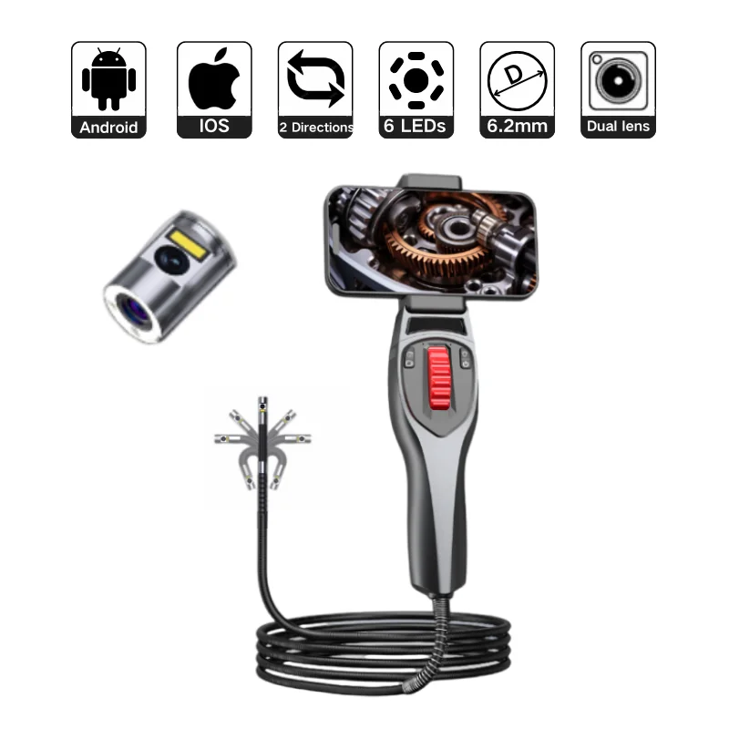 Dual Lens 6.5mm Two-Way 360° Articulating Endoscope Camera With 6 Light Sewer Pipe Repair Industrial Borescope For Android/iOS