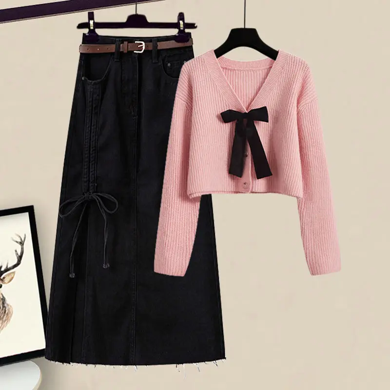 Oversized Women\'s Spring Set 2023 New Korean Sweetheart Reduced Age Knitted Sweater Denim Skirt Two Piece Set Fashion