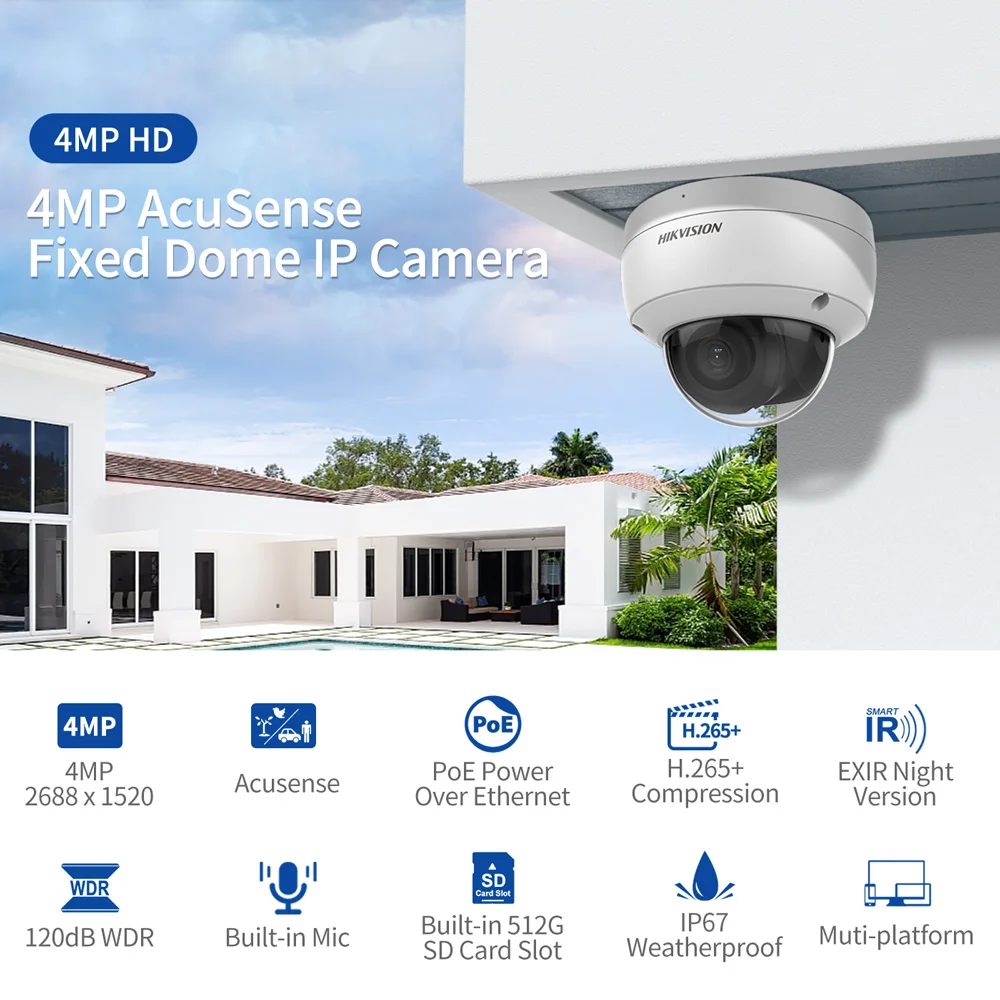 Outdoor Original Hikvision Kit, 8/16/24/32-Channel NVR, 4MP/8MP/4K, Built-in Microphone, Dome, Wired PoE Network Camera System