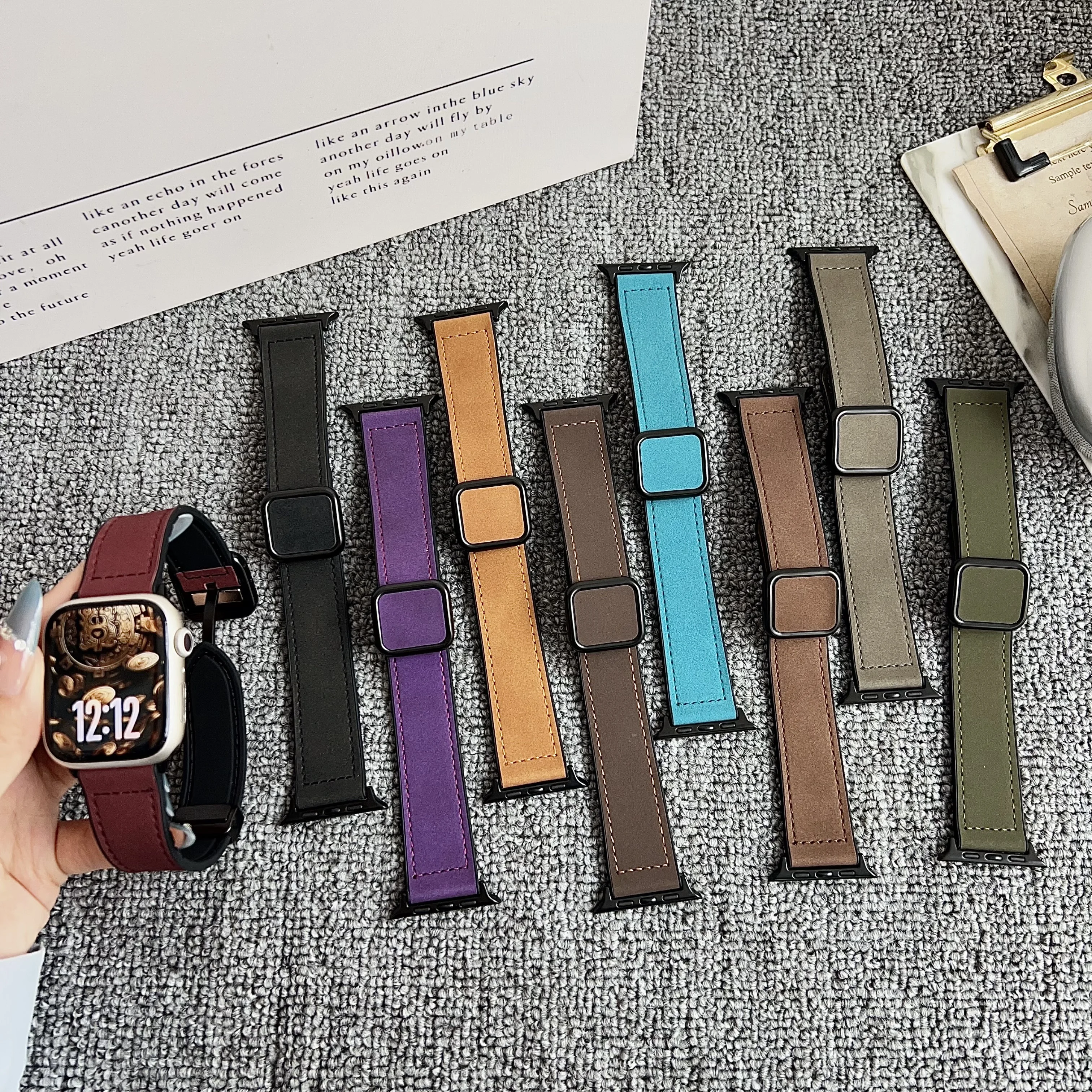 For Apple Watch Band Series 12 11 10 9 8 7 SE Bracelet Ultra2 49mm 41 45 40 44 38 42 46mm Crazy Horse surface PU leather Strap