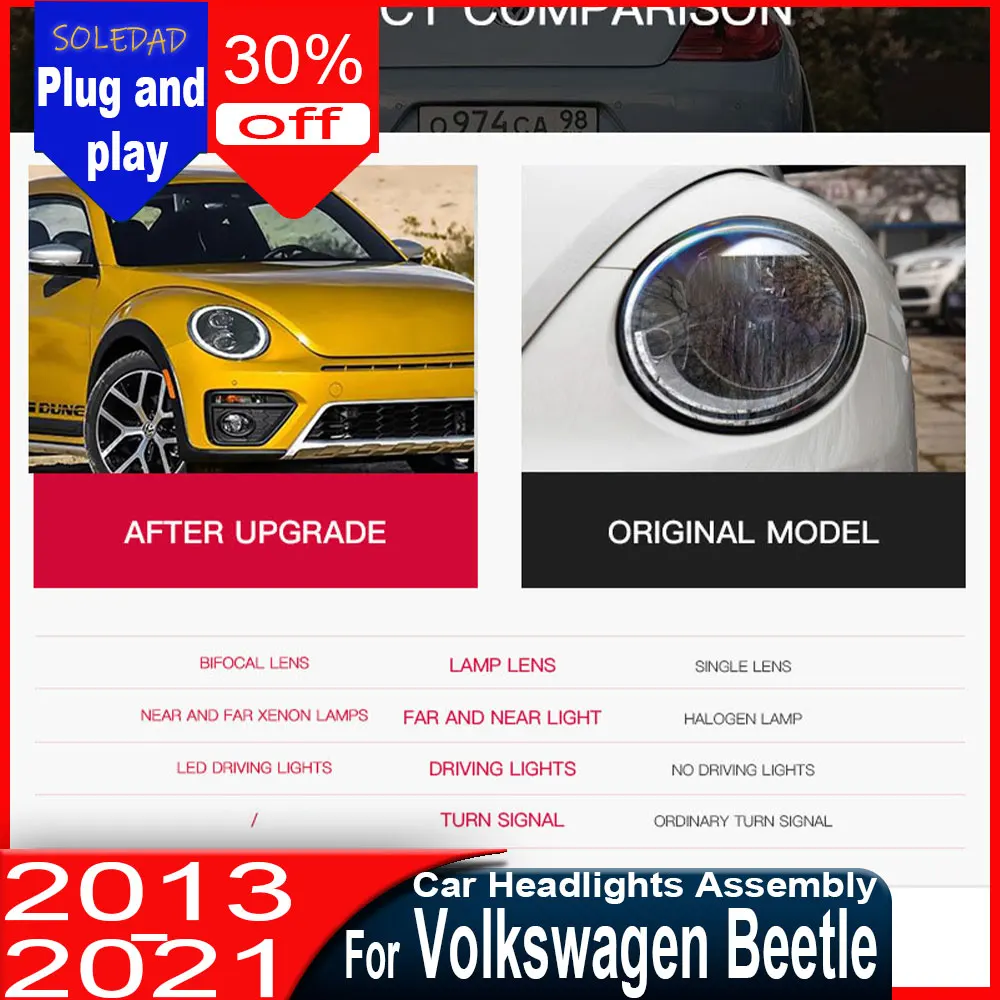 

Комплект из 2 новых светодиодных фар для Volkswagen Beetle 2013-2021 с динамическим поворотником, аксессуары