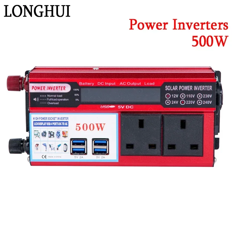 500W Pure Sine Wave Inverter DC 12V/24V To AC 110V/220V Transformer UK Double Socket Power Converter Solar Inverters LED Display