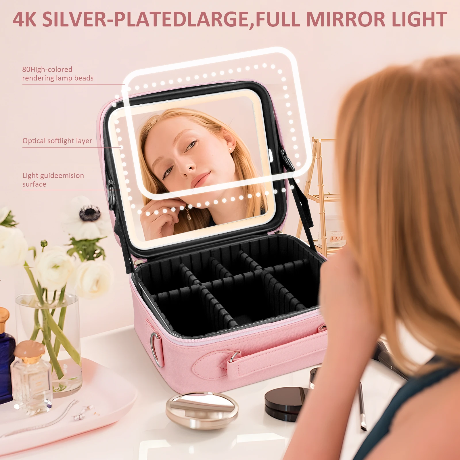 Travel Make Up Bag With Large 3 Setting Adjustable LED Mirror,Waterproof Vanity Case,Light Up Makeup Bag And Cosmetics Organiser