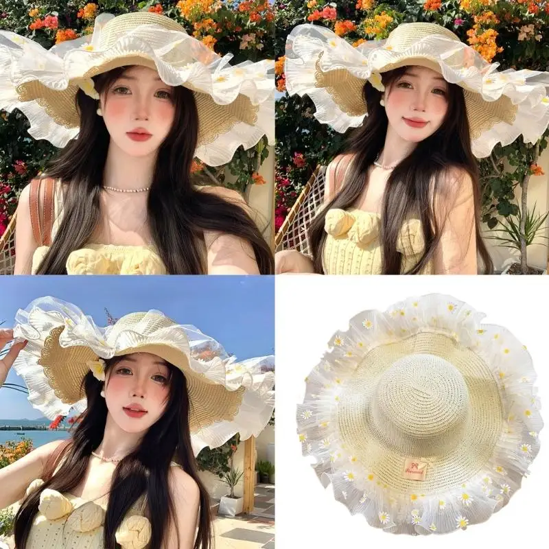 

P9FE Модная шляпа с широкими полями и цветочным узором, идеально подходящая для повседневного ношения и путешествий