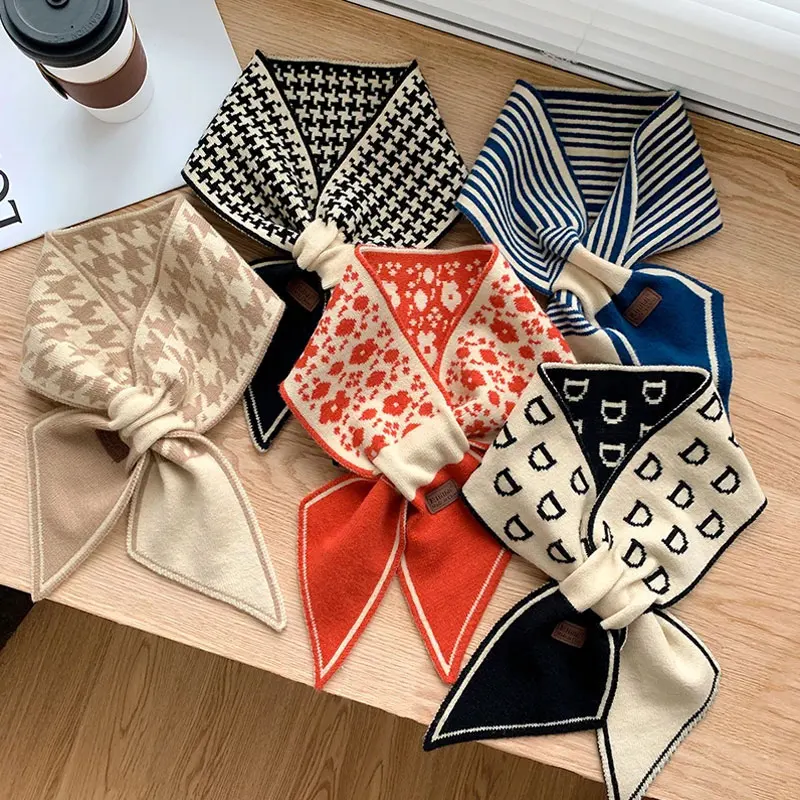 

Warm Cashmere Neck Tie Scarf for Women Plaid Neckerchief Knitted Scarfs Long Skinny Small Scarves Bandana Female Foulard