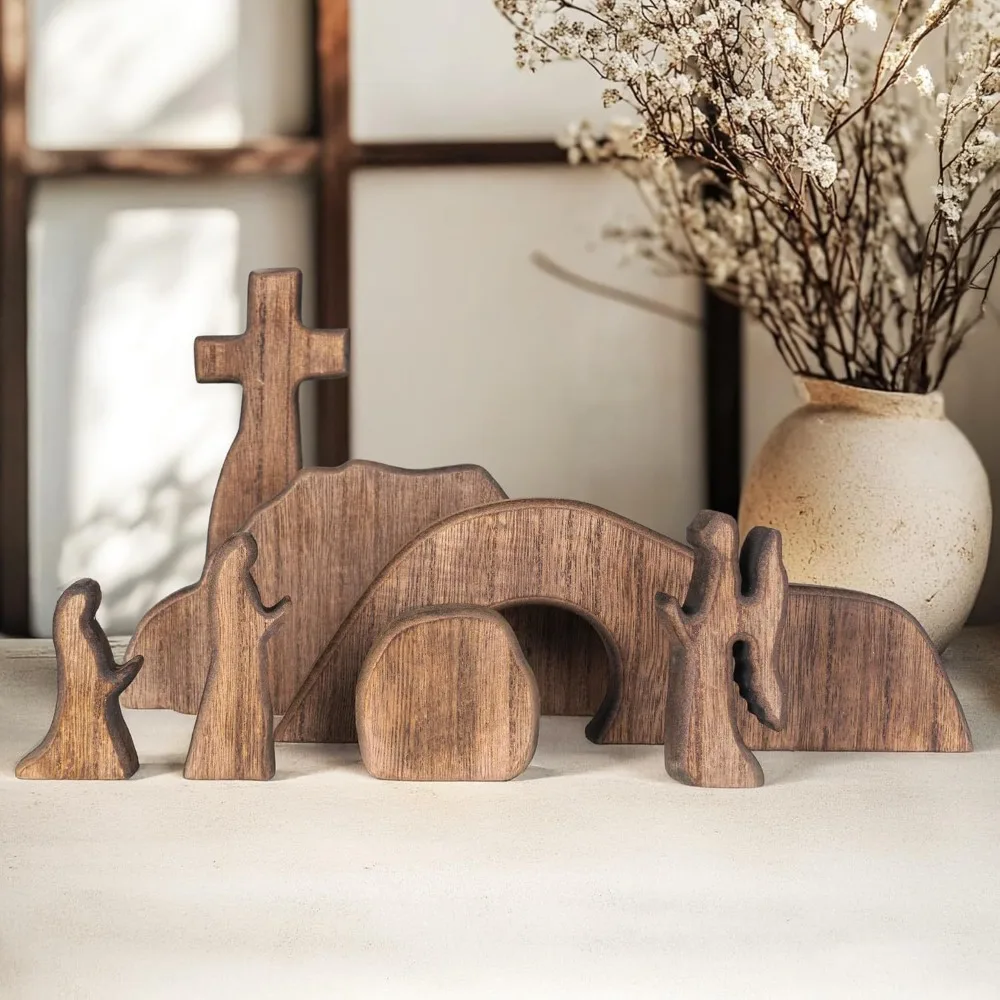 Ornement portable en bois, mini statue décorative de la Scène de la Résurrection de Pâques, ensemble de plateau tombe de Jésus à faire soi-même, cadeau