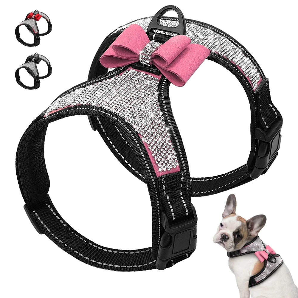 Bling Rhinestone Mesh Dog Harness Cute Bowknot Small Dog Harnesses Vest Reflective Puppy Cat Vest Adjustable For Dogs Chihuahua