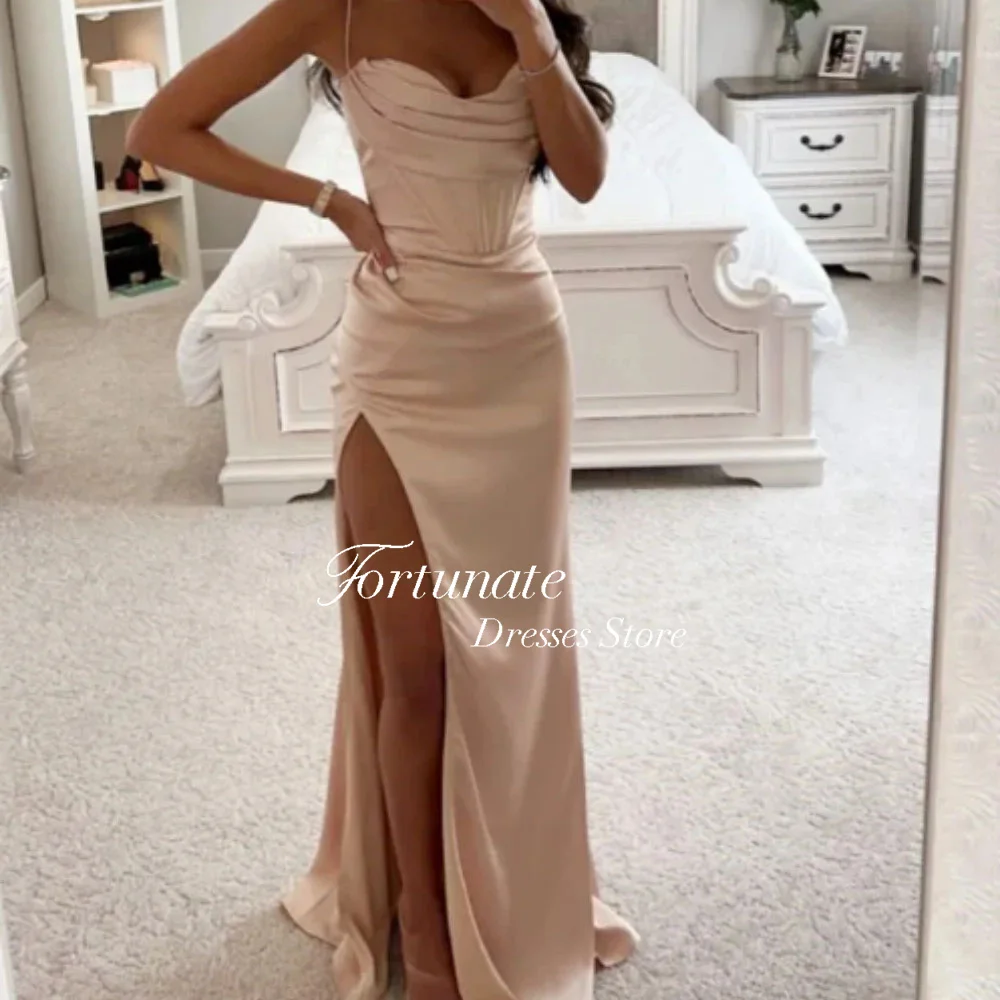 ที่กําหนดเองสีCandy StraplessจีบMermaidซาตินชุดราตรียาวสูงด้านข้างSilt Backless Evening Party Gowns 2025